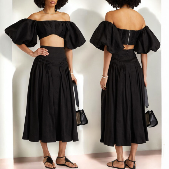 Aje Eugene Off The Shoulder Crop Top Black Puff Sleeves Size 16 US 12 Large NWT - Picture 2 of 8